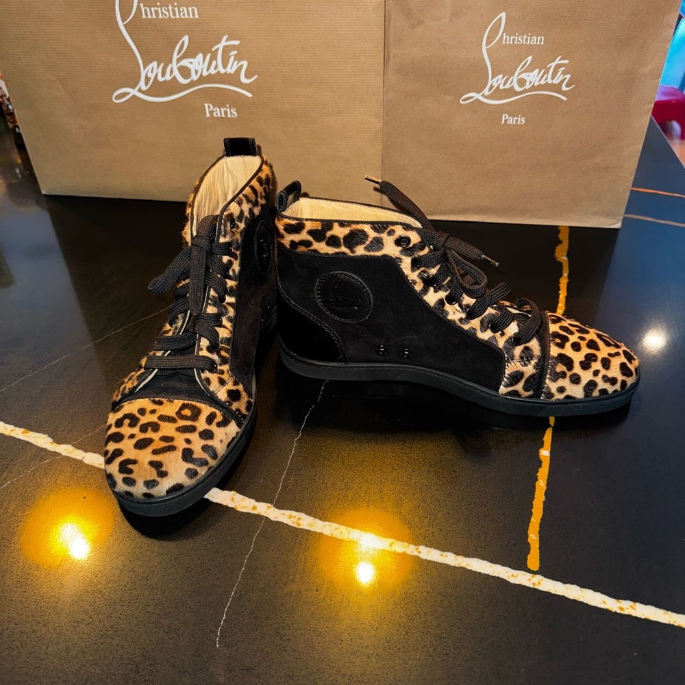 Authentic Christian Louboutin leopard pony hair, high top sneakers